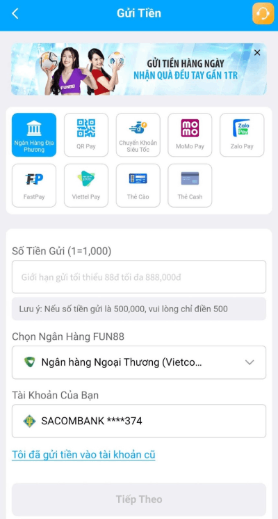 chọn phương thức nạp tiền Fun88